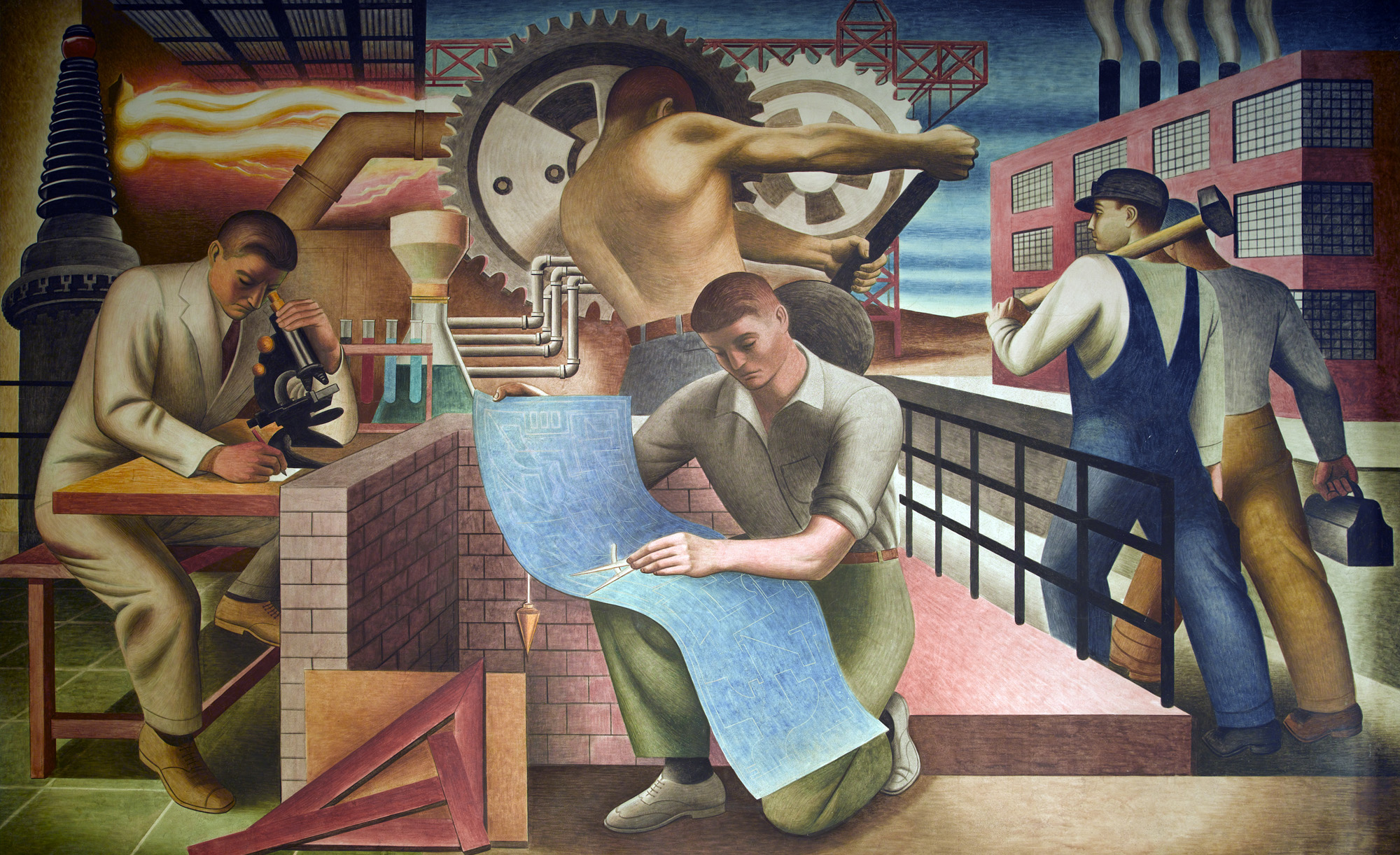 Diego Rivera mural depicting workers in various activities: one studies machine components, another examines architectural blueprints, and others are engaged in physical labor in an industrial setting, complete with machinery and urban infrastructure.