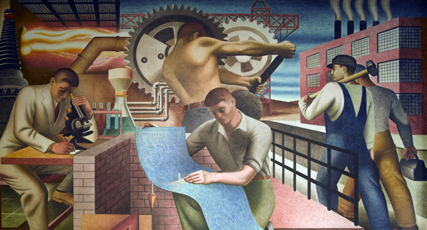 Diego Rivera mural depicting workers in various activities: one studies machine components, another examines architectural blueprints, and others are engaged in physical labor in an industrial setting, complete with machinery and urban infrastructure.