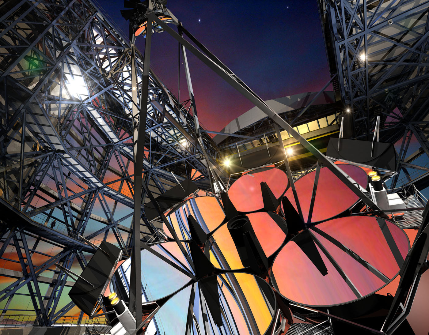 Artist's rendering of the Giant Magellan Telescope reflecting the Chilean sunset. When completed, the telescope's enclosure will stand 22 stories tall and encompass an area the size of three football fields. Because it will be located in one the highest and driest locations on Earth, the Giant Magellan Telescope will offer spectacular observing conditions for more than 300 nights a year. 