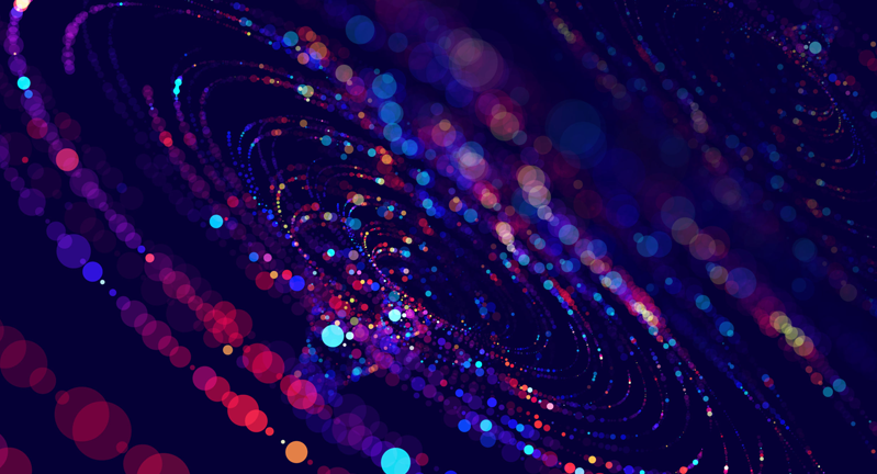 Abstract digital art featuring swirling patterns of multicolored dots on a dark blue background.