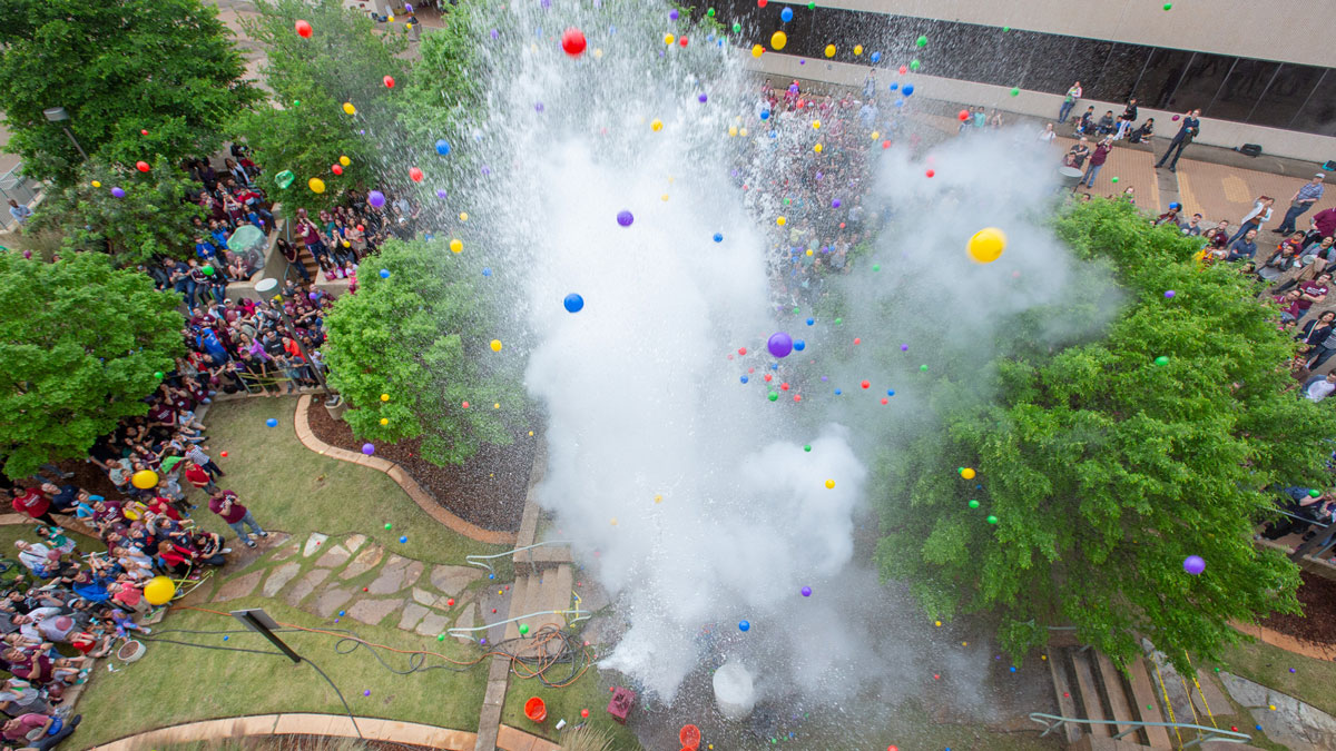 A five-barrel depth charge explosion with thousands of people watching at the TAMU Physics &amp; Engineering Festival.