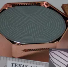 A circular metallic plate iin a coper hexigon shaped box