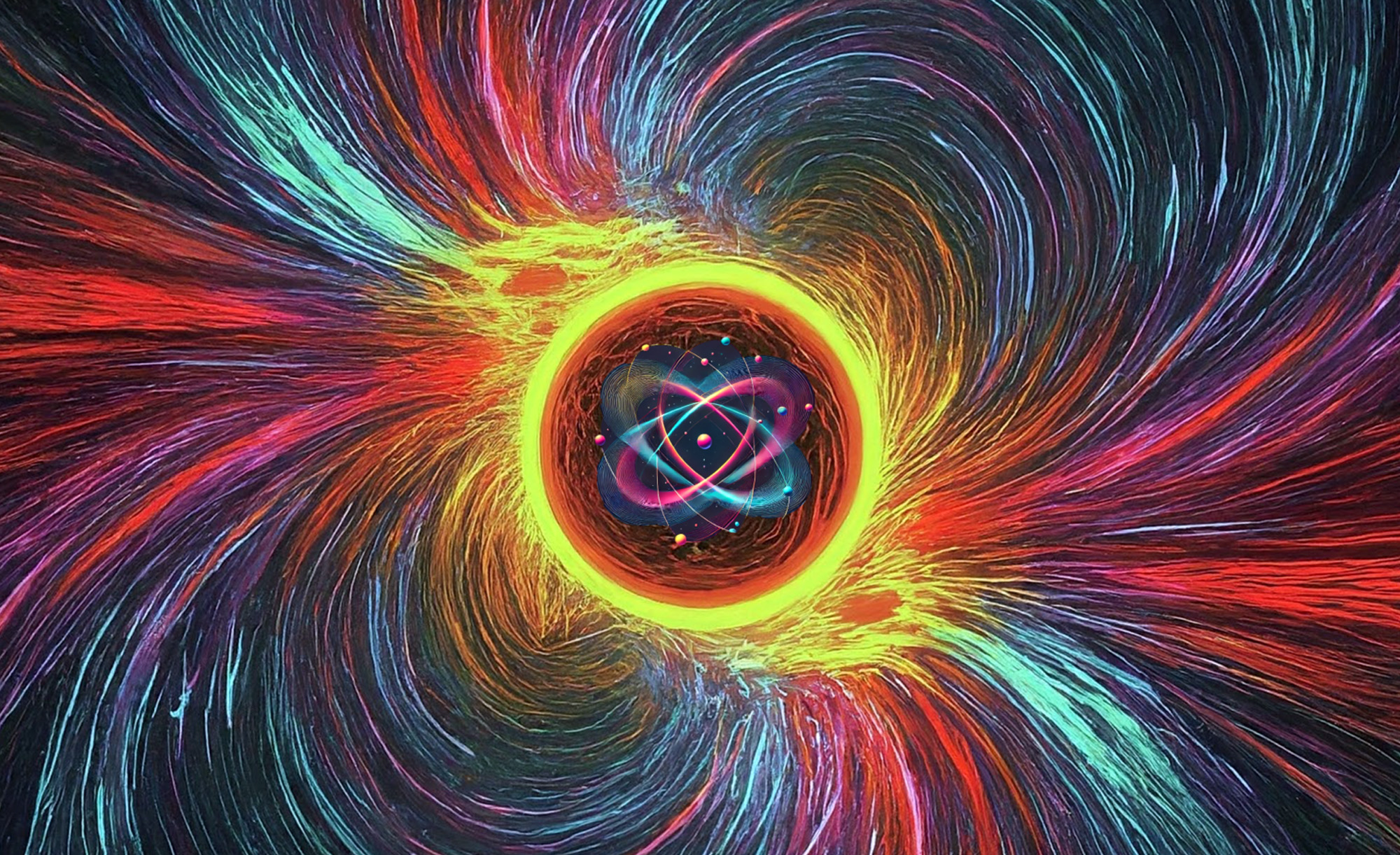 A vibrant abstract image with swirling multicolor waves, centered around a bright yellow ring with an atomic nucleus motif at its core, evoking energy and motion.