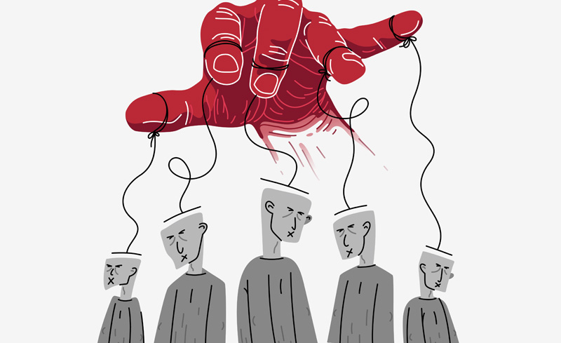 Illustration of a red hand of a toxic manipulator controlling his victims