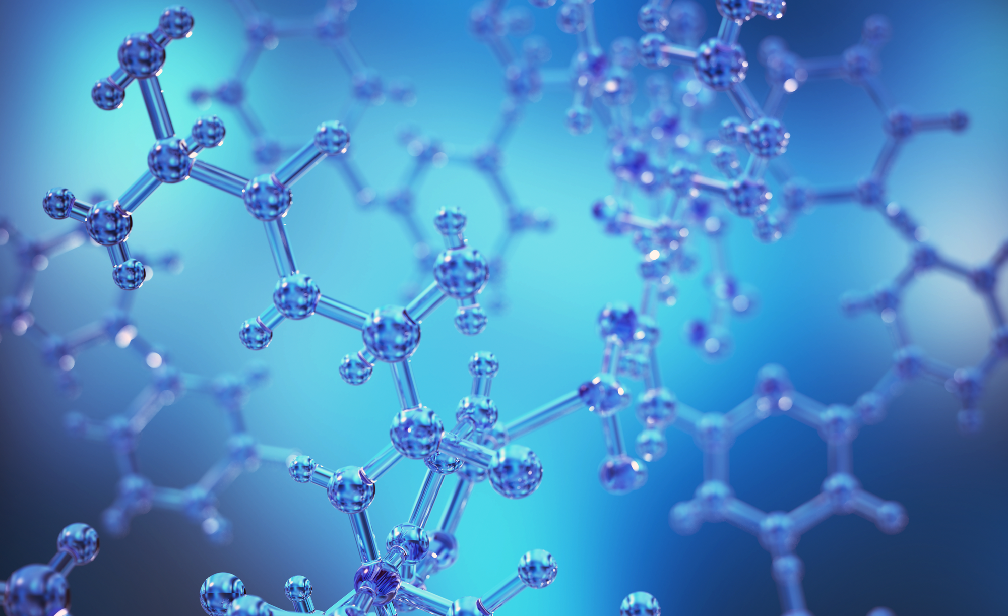 3D illustration of a complex molecular structure with interconnected atoms in shades of blue and gray, highlighted against a blurred blue background.
